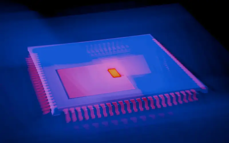 A processor chip under coloured light