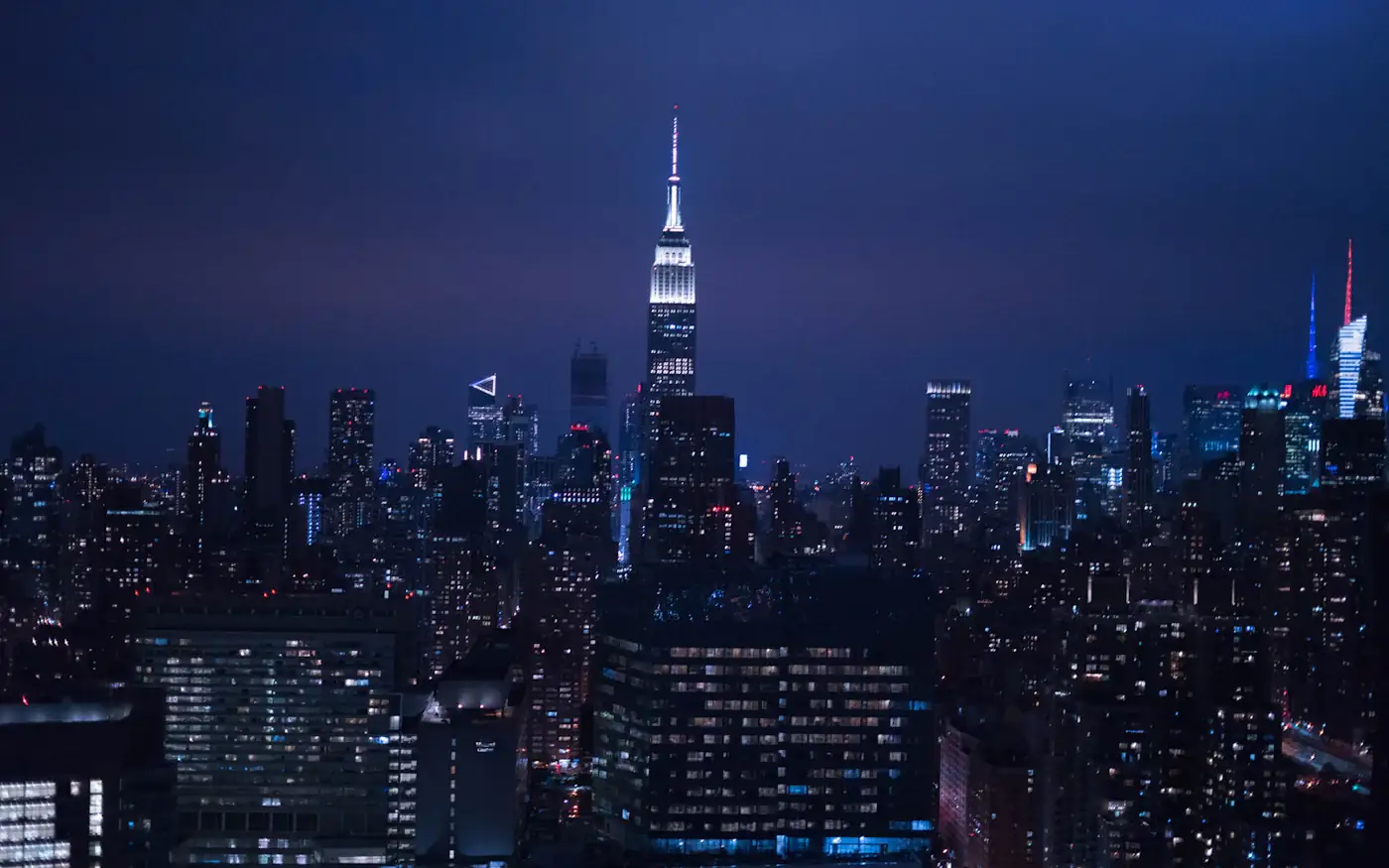 A city skyline at night