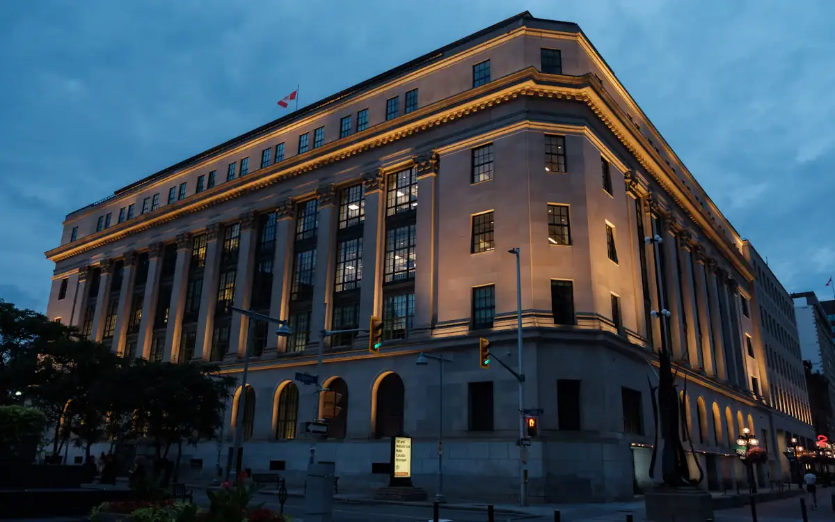 A government building at night
