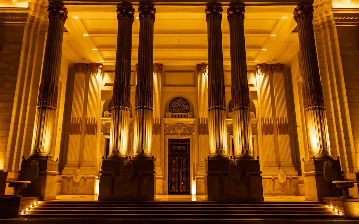The columned interior of a courthouse