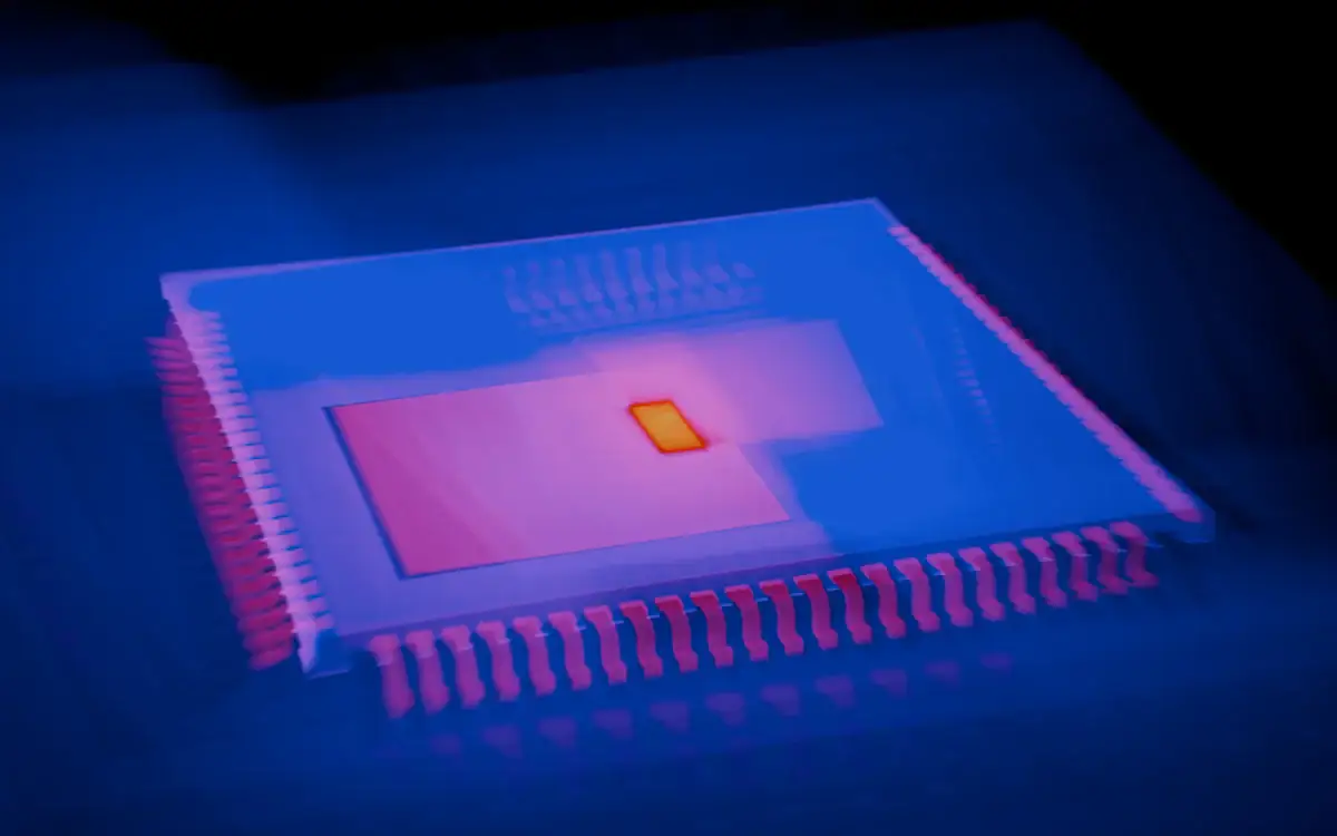 A processor chip under coloured light